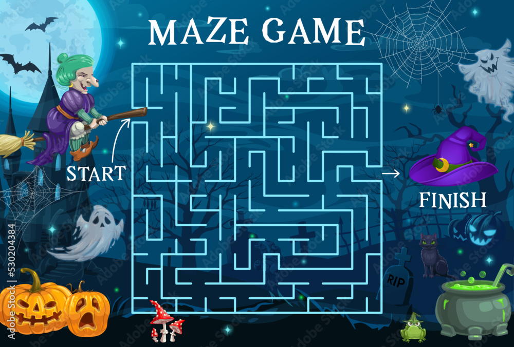Aufkleber halloween labyrinth maze. help to witch to find her hat. children find way playing activity or quiz 