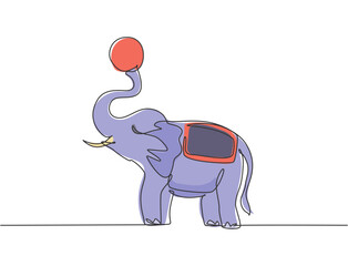 Single one line drawing of an elephant stands playing a ball at the end of its trunk. The circus audience was amazed by the show. Modern continuous line draw design graphic vector illustration.