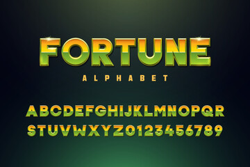 The Fortune Alphabet. Vector golden yellow and green three dimensional font effect. Metal 3d typeface. Alphabet design for casino, premium, money, business, games and other concepts