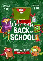 Fototapeta premium Back to school flyer. Cartoon school superhero characters. Event or party vector placard with blackboard, backpack and pencil, calculator, book, painting palette school stationery cheerful personages