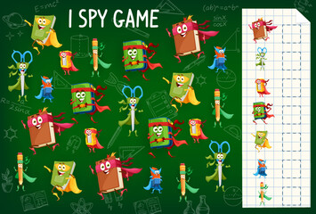 I spy game worksheet. Cartoon school education superhero characters. Children counting vector riddle or game with notebook, scissors and eraser, sharpener, pencil and book school hero cute personages