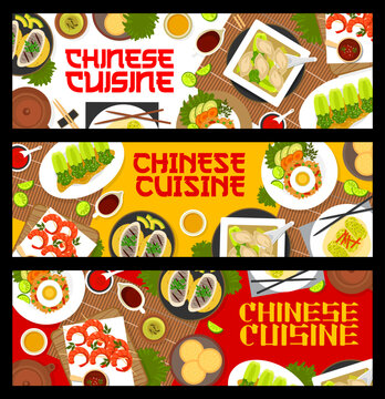 Chinese cuisine meals banners for Asian restaurant, vector traditonal food dishes. Chinese dumplings wonton soup with fish and shrimps seafood grilled on skewers and bock choy with oyster sauce