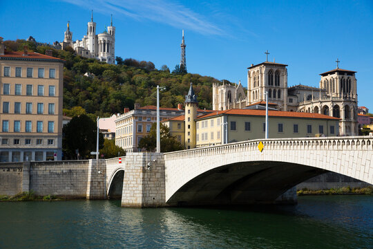 Image of cityscape of Lyon, town in France at riverside Saone at sunny day