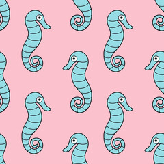 Light blue hand-drawn seahorses on pink seamless pattern vector illustration. Funny cartoon sea animal surface design by pastel blue and pink colors. Funny childish pattern with seahorses