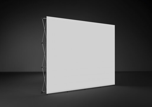 Trade exhibition stand, Wall Banner, 3D rendering visualization of exhibition product, Advertising wall rendered on a dark studio background with copy space.