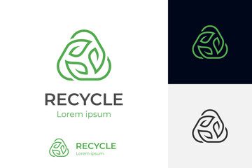 line triangle recycle with green leaf, recycling ecology logo or icon design vector template - obrazy, fototapety, plakaty