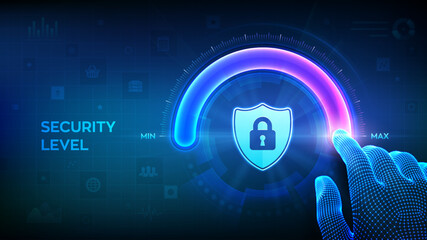 Increasing Security level. Cyber security concept. Wireframe hand is pulling up to the maximum position circle progress bar with the secure shield icon. Enhance data protection. Vector illustration. © iuriimotov