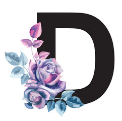 Single D letter with beautiful floral elements. alphabet with beautiful pink and indigo blue roses. Isolated on white background, editable. Signs and symbols, rose element. logo, floral, symbol © Tuuli