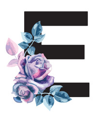 Single E letter with beautiful floral elements. alphabet with beautiful pink and indigo blue roses. Isolated on white background, editable. Signs and symbols, rose element. logo, floral, symbol © Tuuli