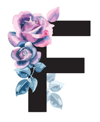 Single F letter with beautiful floral elements. alphabet with beautiful pink and indigo blue roses. Isolated on white background, editable. Signs and symbols, rose element. logo, floral, symbol © Tuuli