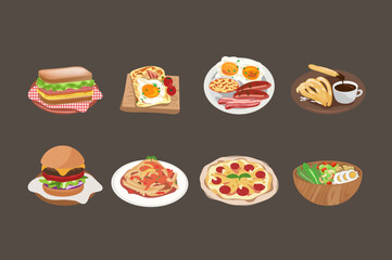 Food restaurant menu illustration elements. Burger, sandwich, pasta, salad, churros, toast, breakfast and pizza. Cafe menu.