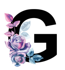 Single G letter with beautiful floral elements. alphabet with beautiful pink and indigo blue roses. Isolated on white background, editable. Signs and symbols, rose element. logo, floral, symbol © Tuuli