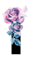 Single I letter with beautiful floral elements. alphabet with beautiful pink and indigo blue roses. Isolated on white background, editable. Signs and symbols, rose element. logo, floral, symbol © Tuuli