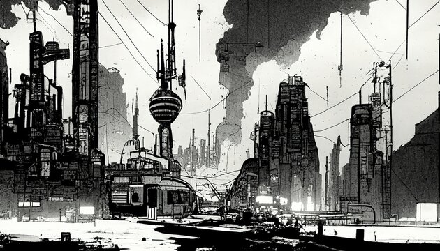 Futuristic cyberpunk landscape in comic manga style linart