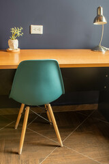 Desk for one person, chair and table lamp
