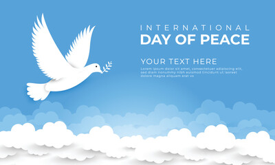 International day of peace background design with flying doves and clouds in the sky