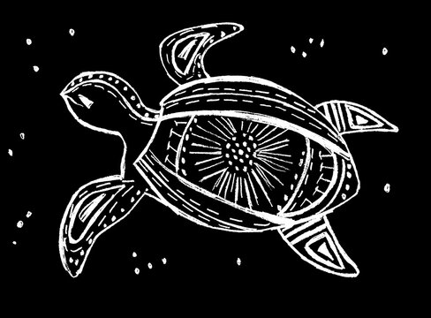 Decorative white sea turtle on a black background