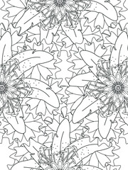 Doodle floral pattern in black and white. A page for coloring book: fascinating and relaxing job for children and adults. Zentangle drawing. Flower carpet in a magic garden