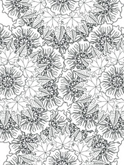 Doodle floral pattern in black and white. A page for coloring book: fascinating and relaxing job for children and adults. Zentangle drawing. Flower carpet in a magic garden