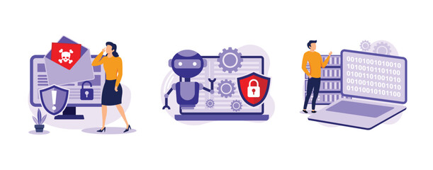 Spyware development. Malware and computer virus, industrial cybersecurity, data mining, antivirus security and protection. set flat vector modern illlustration