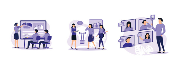 Team communication. Meeting and brainstorm, online meetup, corporate presentation, creative ideas and solutions, teamwork. set flat vector modern illustration