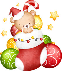 Watercolor Illustration Cute teddy bear in Christmas socks 