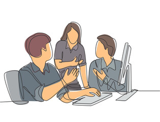 One continuous line drawing of young businessmen discussing new product launch during team meeting. Business innovation discussion concept. Modern single line draw design graphic vector illustration