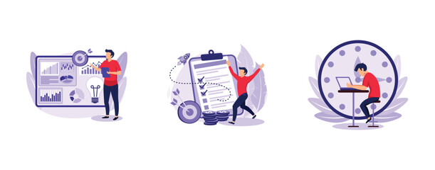 Fototapeta premium Project lifecycle. Project initiation and closure, deadline, documentation, business analysis, stakeholder approval, work time. set flat vector modern illustration