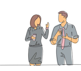 Single continuous line drawing of two young male and female worker holding paper cup drink and chatting during office break. Rest break at work concept one line draw design graphic vector illustration