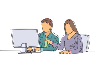 Fototapeta na wymiar Single continuous line drawing of two young serious male and female worker watching sales chart on computer screen. Sales growth business concept one line draw design graphic vector illustration