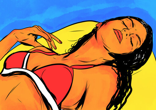 Pop art Femme sexy bikini se fait bronzer dessin peinture num&eacute;rique couleur
