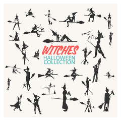Young witches icons Halloween collection. Set of female silhouettes
