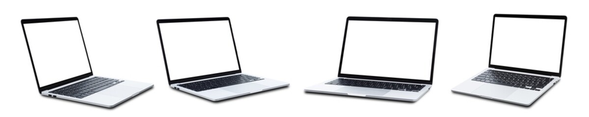 Collection of laptop space gray with blank screen, isolated on white background included clipping...