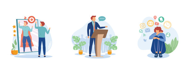 Gadget-dependent life. Personal branding, public speakers profiles, digital overload and burnout, social media blog. set flat vector modern illustration