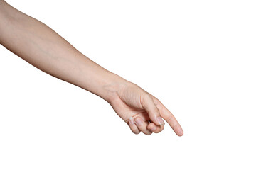 Man hand touching or pointing to something isolated on white background included clipping path.