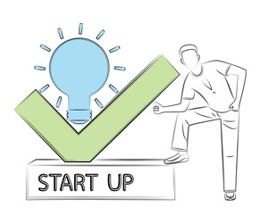 Start up. Man starts a new project, he is confident in his abilities and in success of his business. First step. Success concept for leadership and career achievement topics. Editable linear drawing
