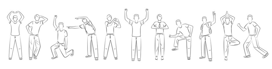 Silhouettes of young men in a linear style. People in different poses reflecting different life situations. Lifestyle of modern youth, tourism, sports, yoga, love, career, business. Editable template