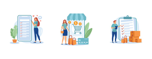 Online shopping. Wishlist, buy, my orders list, add to shopping cart, product in stock, retail store, e-commerce website. set flat vector modern illustration - obrazy, fototapety, plakaty