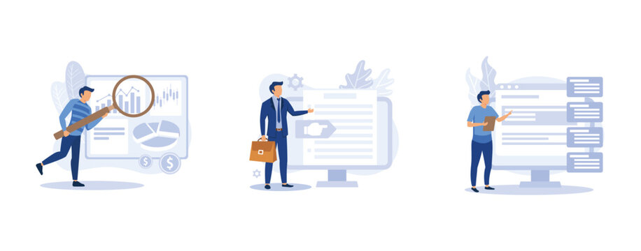 Company activity stats automation. Paperwork optimization. Business intelligence, vision and scope document, software requirement description metaphors. set flat vector modern illustration