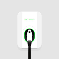 Electric car small home wall charger with cable. Fast smart intelligent wallbox ev charging station. Isolated vector.