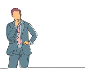 One single line drawing of young startup founder standing and thinking about business strategy for office meeting. Business ideas concept continuous line draw graphic design vector illustration