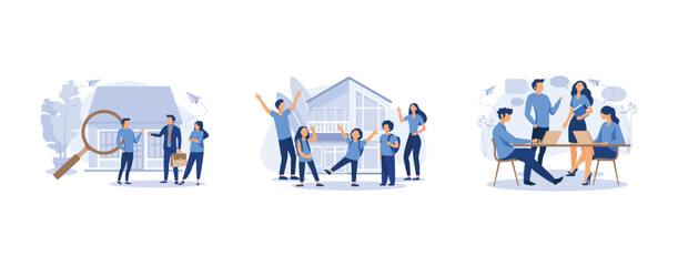 House selection and search, parents rejoice with their children stand next to a new house, workers are sitting at the negotiating table, set flat vector modern illustration