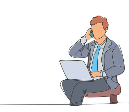 Single continuous line drawing of young manager sitting and typing on laptop during calling his team member to give instruction. Work direction concept one line draw graphic design vector illustration