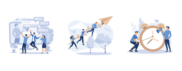 company information analytics, a company of people holding on to a thread from a paper plane, the alarm clock is ringing on a white background, set flat vector modern illustration - obrazy, fototapety, plakaty