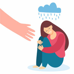 A sad girl sits and hugs her knees unhappily. A young woman is depressed with confused thoughts in her head.