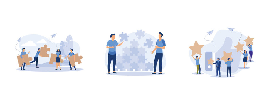 people connecting puzzle elements, symbol of teamwork, cooperation, partnership, measurement of customer satisfaction and star rating, set flat vector modern illustration