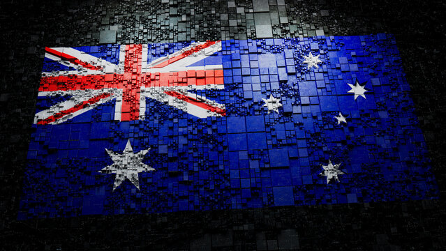 Flag of Australia rendered in a Futuristic 3D style. Australian Network Concept. Tech Background.