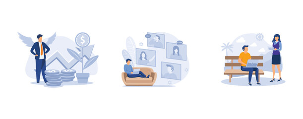 Business startup and communication. Angel investor, online meetup, startup hub, financial support, online crowdfunding. set flat vector modern illustration