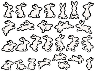 切り絵風の白うさぎのシルエットイラストセット