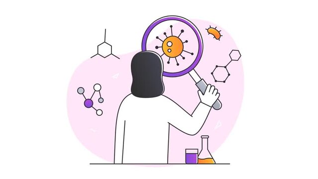 Scientific research in laboratory. Moving woman microbiologist or doctor holds magnifying glass and studies structure of bacteria, viruses. Creating vaccine or cure. Flat graphic animated cartoon